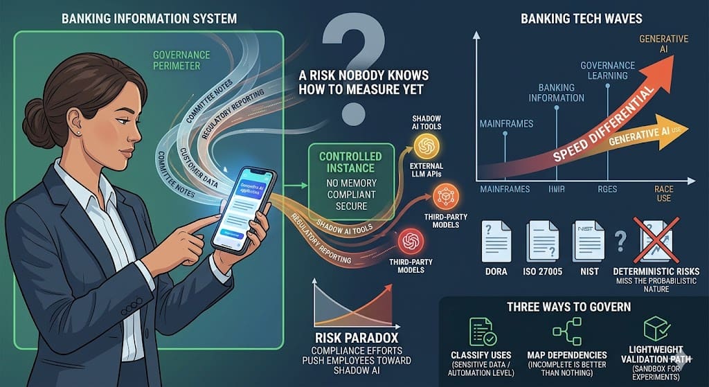 Generative AI banking governance: shadow AI paradox, DORA ISO 27005 NIST framework gaps, and three ways to govern LLM risks in banking