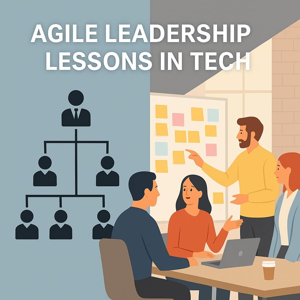 Agile leadership lessons illustrated with a split view of hierarchical structure and agile collaborative workspace