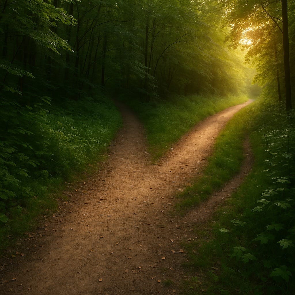 Photograph illustrating the concept of professional resilience from the article When the Scenery Changes: Reinventing Yourself Without Losing Yourself. The image shows a forest trail splitting into two paths: one shaded and uncertain, the other bright and full of possibilities — representing the moment a professional must choose a new direction.
