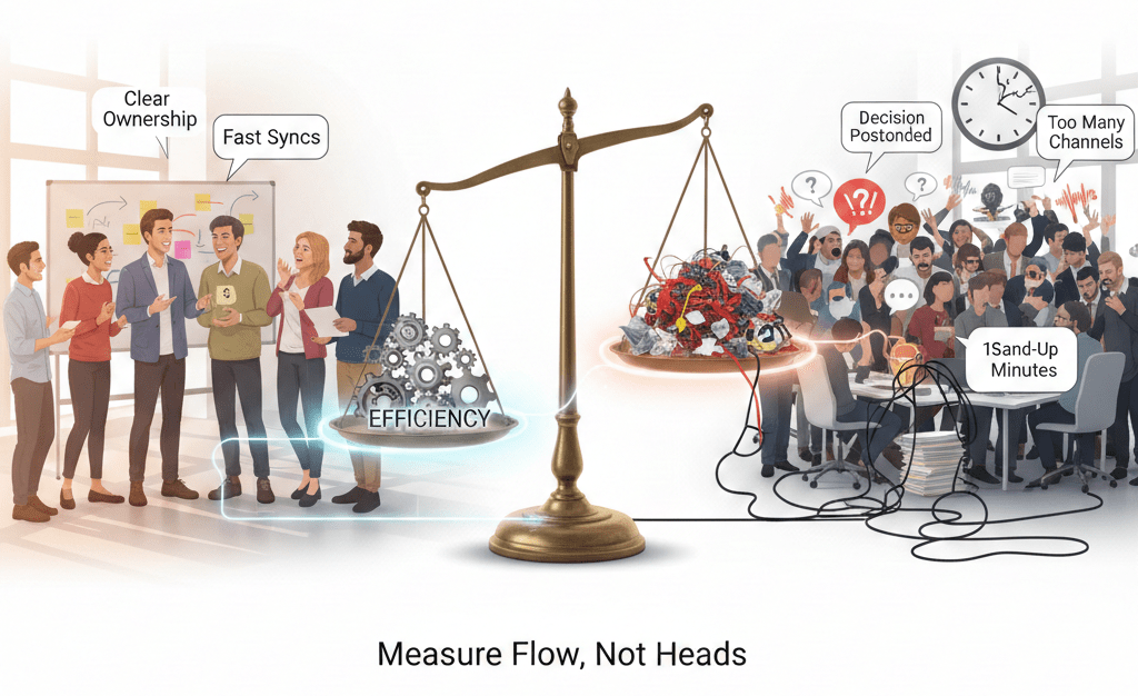 Illustration showing the contrast between small efficient Agile teams and oversized noisy teams, with a scale balancing flow and overhead.