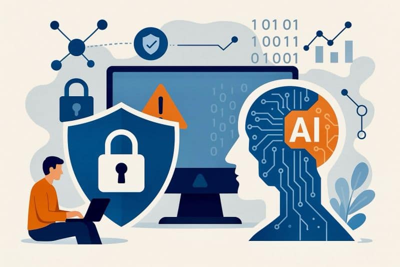 Cybersecurity professional analyzing AI-generated threat data with human insight
