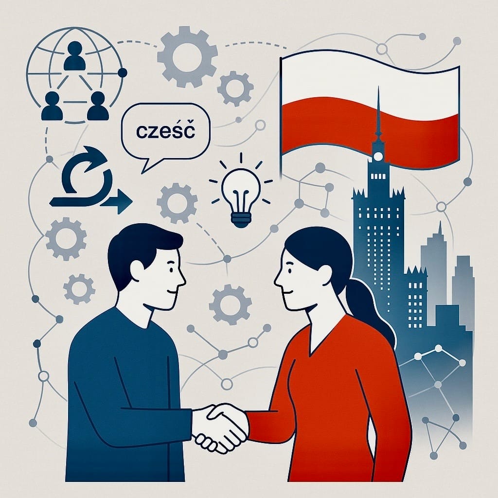 Illustration showing two tech professionals collaborating with Warsaw skyline and digital icons, symbolizing Poland’s tech culture and cross-cultural teamwork.